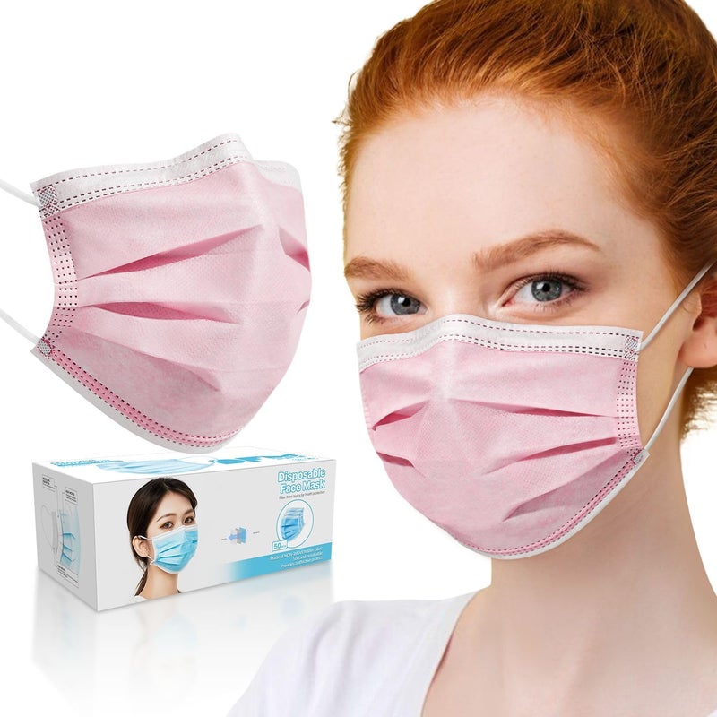 PM PERFORMOTOR 50 Pcs Disposable Face Cover 3-Ply Filter Non Medical Breathable Earloop Masks (Pink) - Image 1